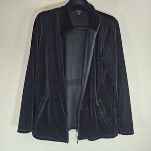 Talbots Velour Full Zip Yoga Jacket Medium Black Smocked-Back Casual Cozy